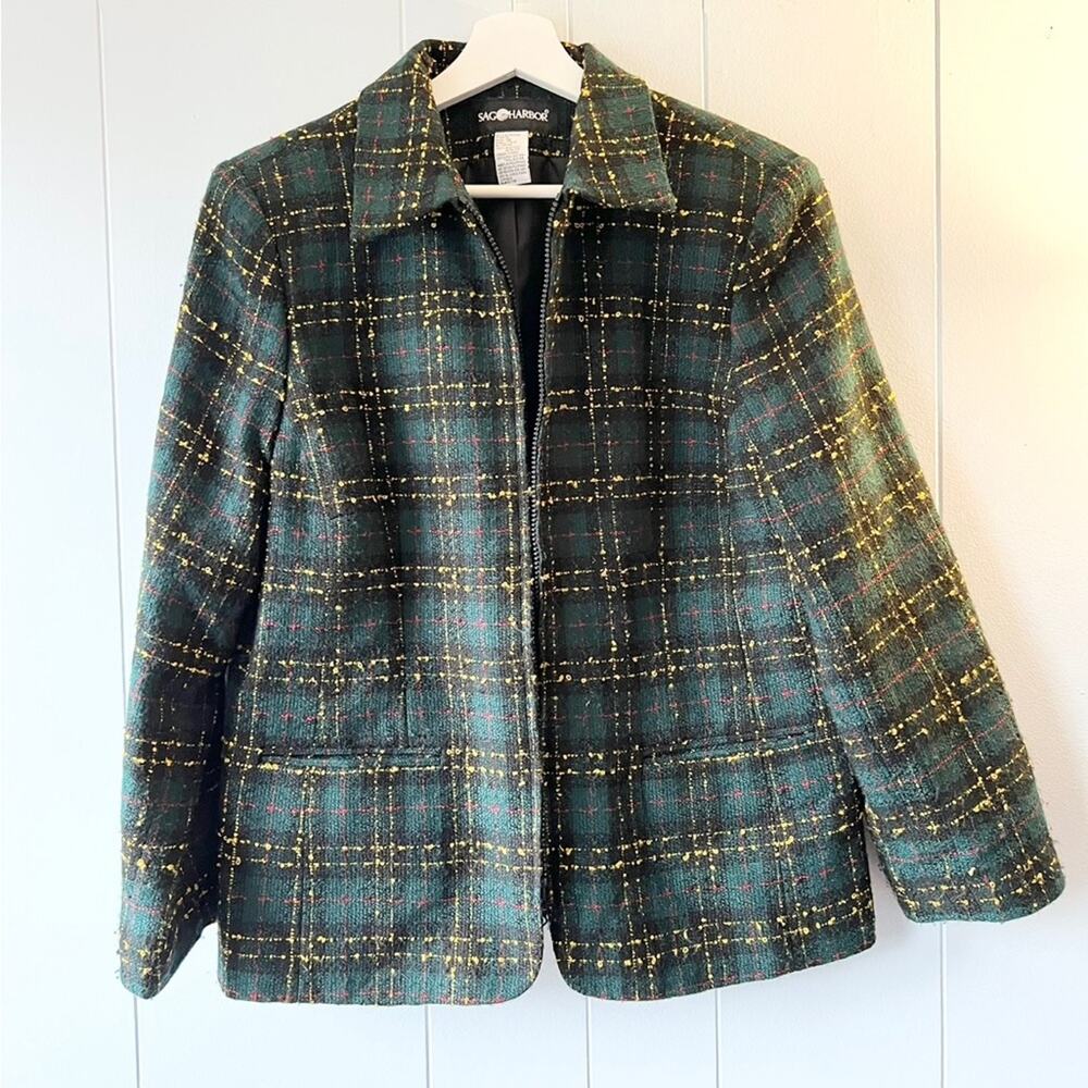 Vintage plaid tweed blazer zip up textured holiday fall winter